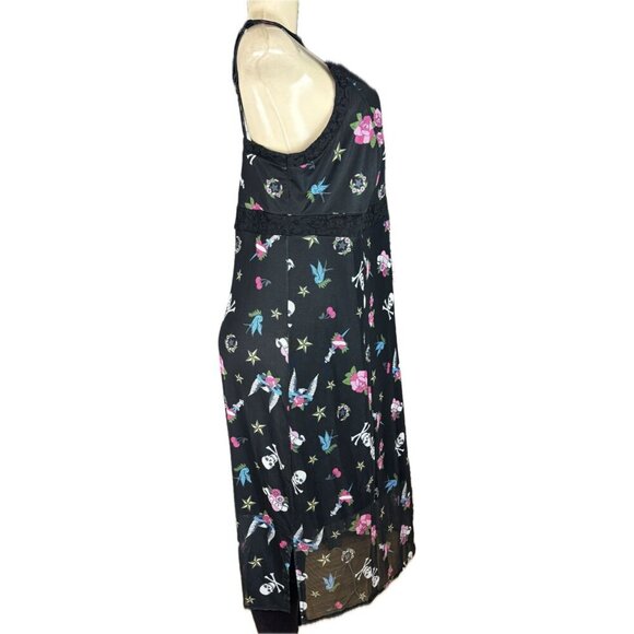 Betsey Johnson L Black Tattoo Icons Mesh Lined Surplice Neck Strappy Midi Dress - Picture 3 of 6